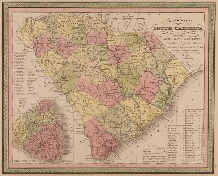 A New Map of South Carolina with its Canals, Roads and Distances