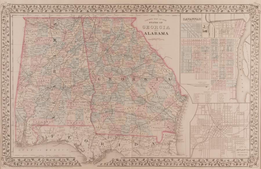 County Map of Georgia and Alabama with Atlanta and Savannah