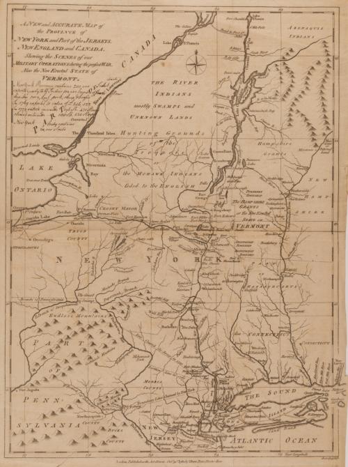 A New and Accurate Map of the Province of New York and Part of the Jerseys, New England and Canada, Shewing the Scenes of our Military Operations durn the present War. Also the New Erected State of Vermont.