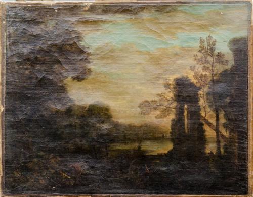 A Wooded River Landscape with Ruins, Peasants and Cattle