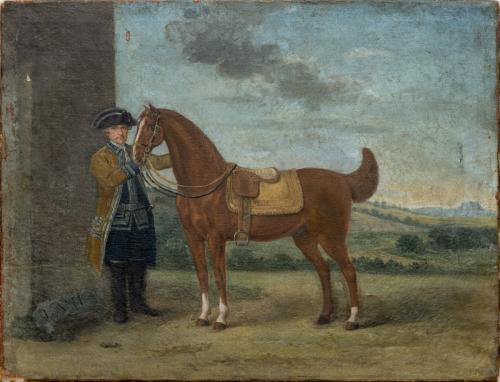 A Bay Hunter [L'Ami] Held by a Liveried Groom in a Landscape