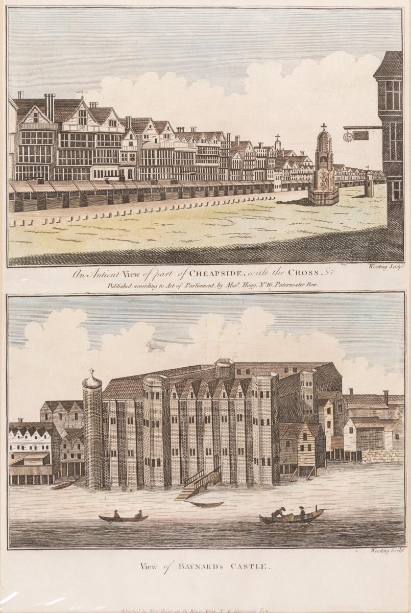 An Antient View of part of Cheapside, with the Cross (Top); View of Baynard’s Castle (bottom)