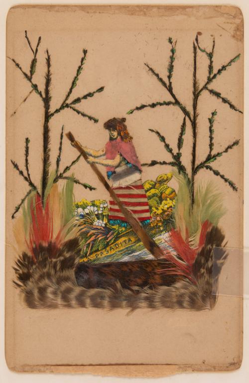 La Pasadita "Feather Picture" of woman paddling on river scene