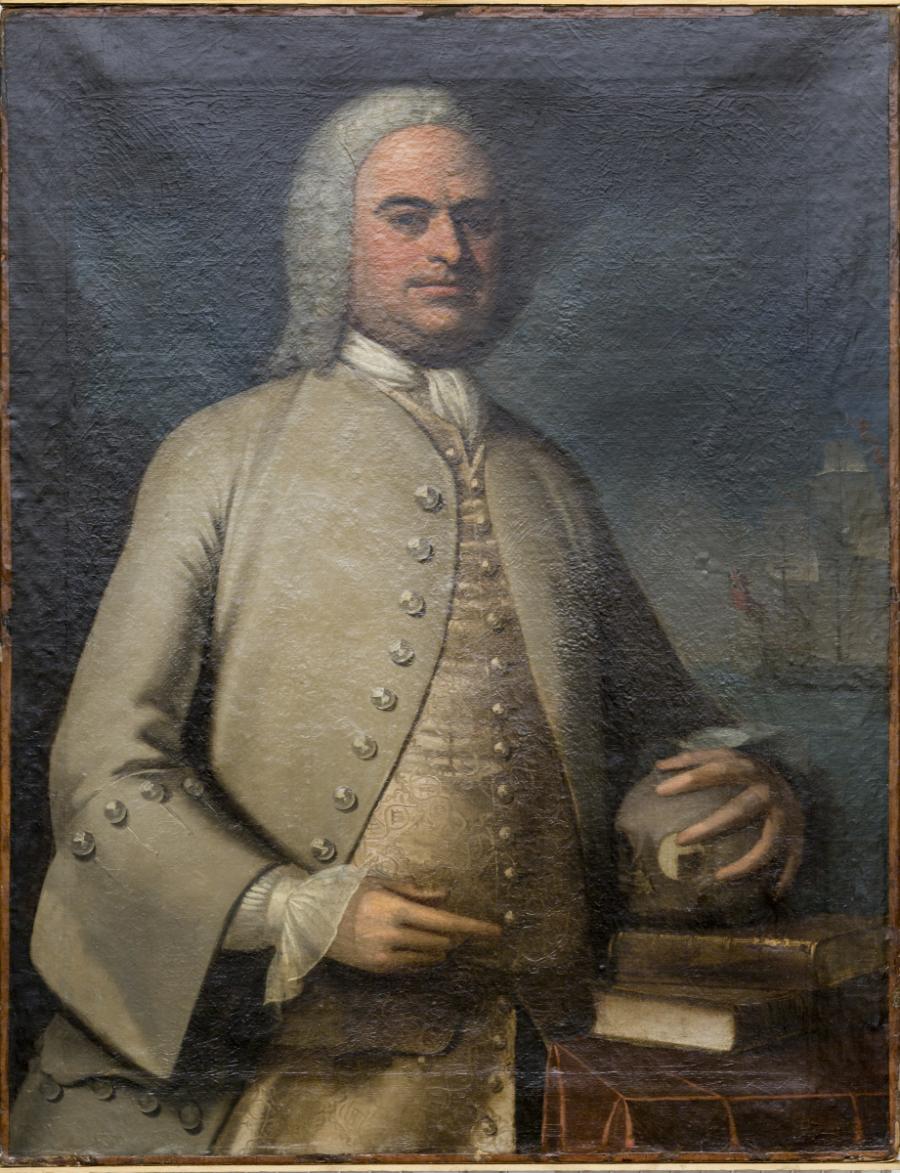 Portrait of a Gentleman with Skull and Ship in Background